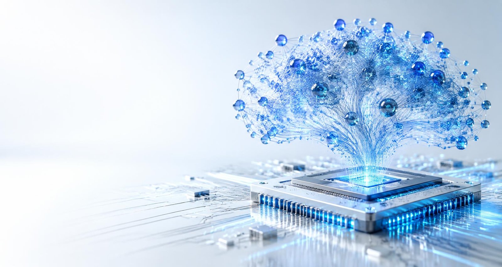 Red neuronal azul conectada a un microprocesador: inteligencia artificial y tecnología conectada